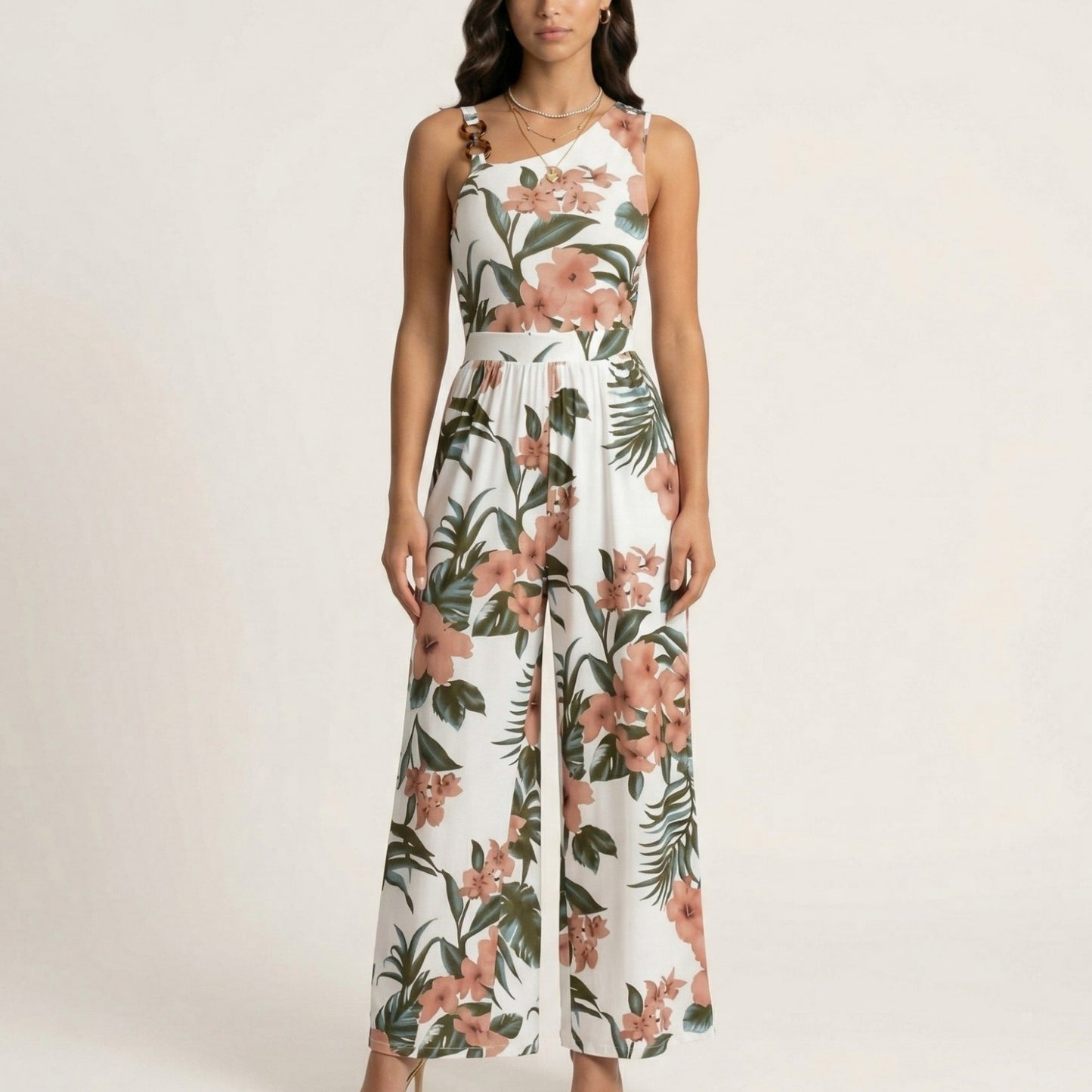 Sleeveless Floral Wide Leg Jumpsuit with Asymmetrical Neckline Adjustable Strap Relaxed Fit