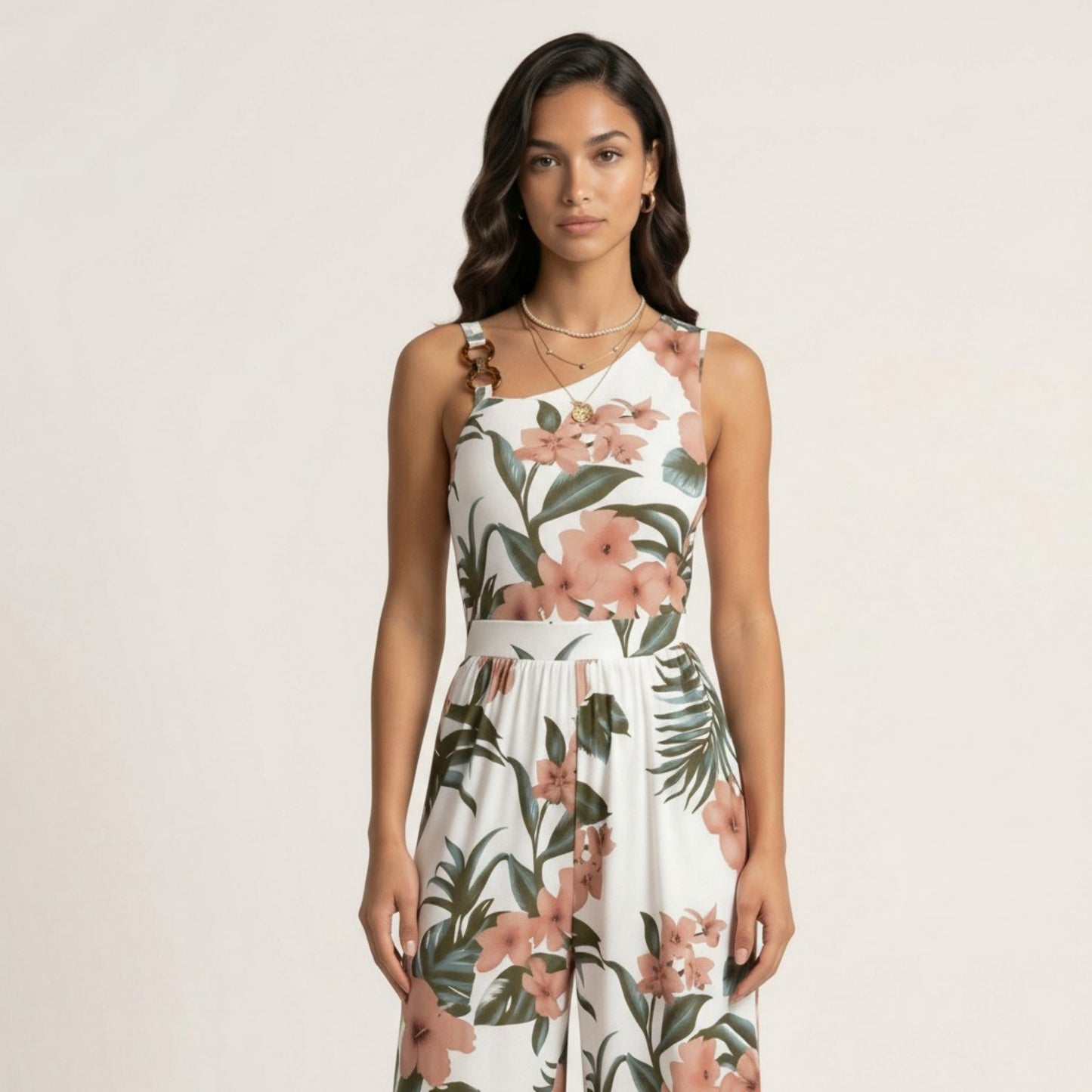 Sleeveless Floral Wide Leg Jumpsuit with Asymmetrical Neckline Adjustable Strap Relaxed Fit