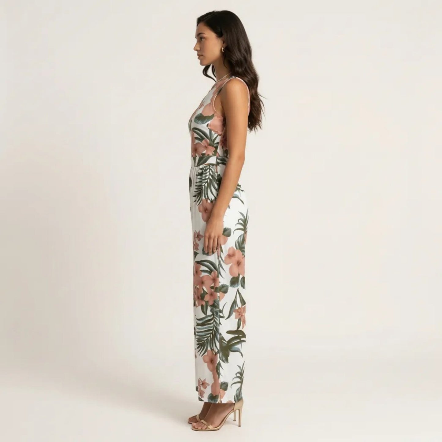 Sleeveless Floral Wide Leg Jumpsuit with Asymmetrical Neckline Adjustable Strap Relaxed Fit