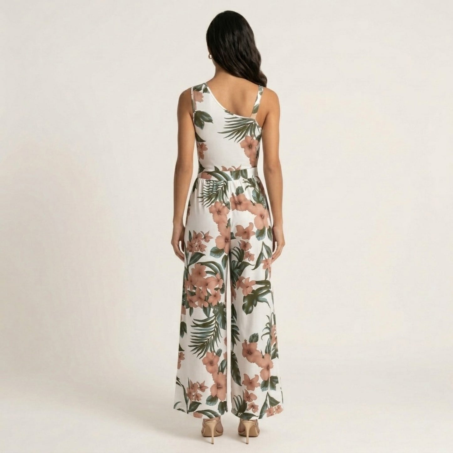 Sleeveless Floral Wide Leg Jumpsuit with Asymmetrical Neckline Adjustable Strap Relaxed Fit