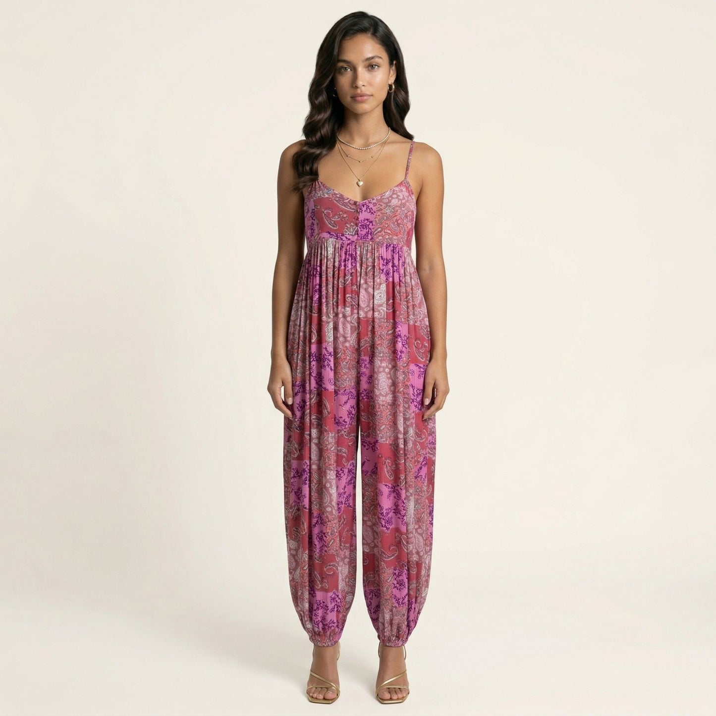 Sleeveless Printed Jumpsuit with Spaghetti Straps Smocked Bodice Elastic Ankle Relaxed Fit