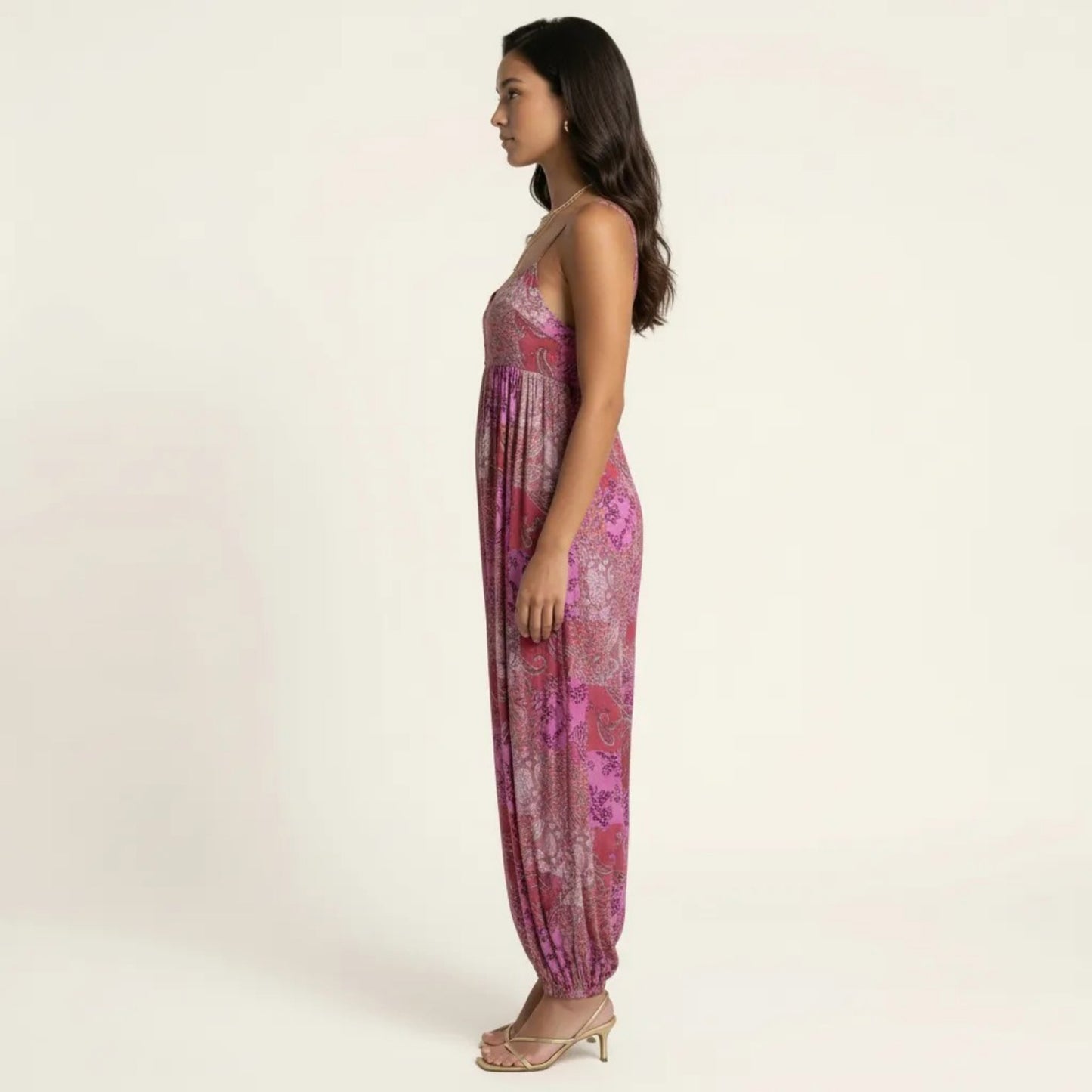 Sleeveless Printed Jumpsuit with Spaghetti Straps Smocked Bodice Elastic Ankle Relaxed Fit