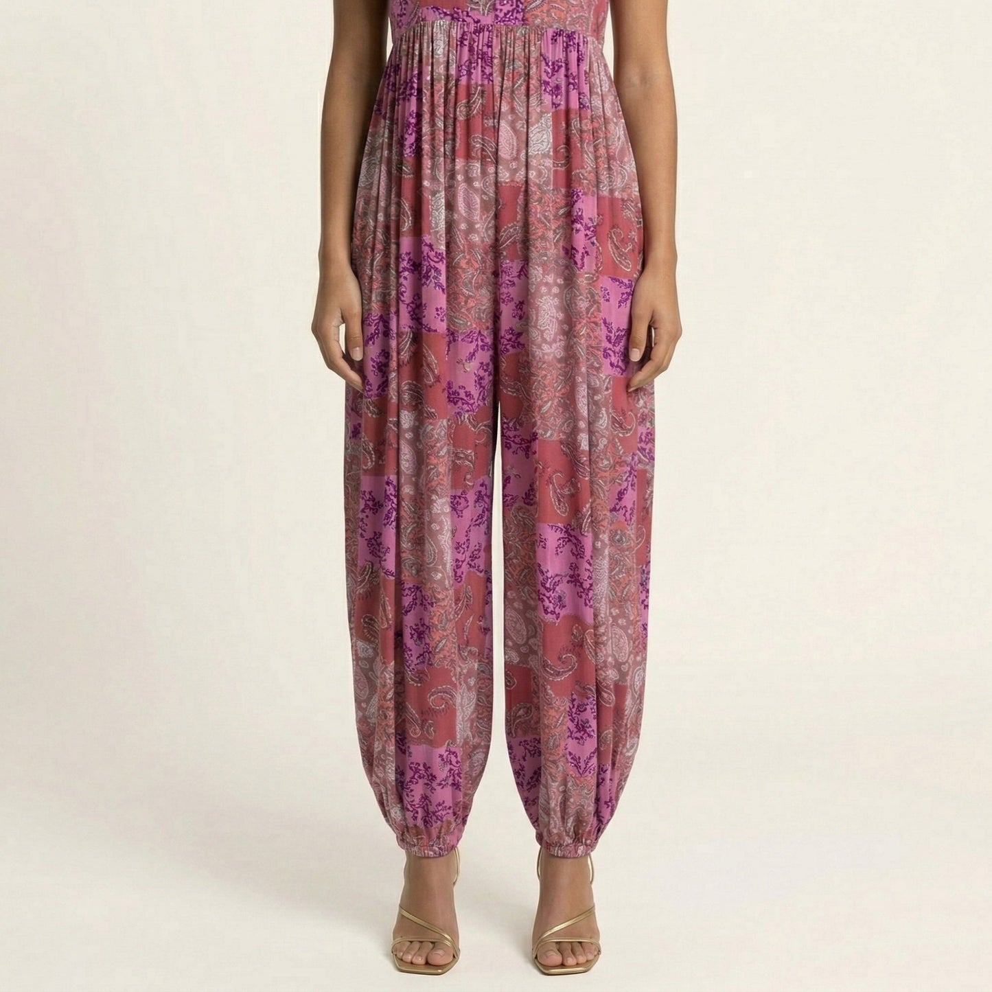 Sleeveless Printed Jumpsuit with Spaghetti Straps Smocked Bodice Elastic Ankle Relaxed Fit