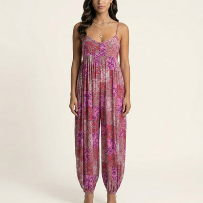 Sleeveless Printed Jumpsuit with Spaghetti Straps Smocked Bodice Elastic Ankle Relaxed Fit