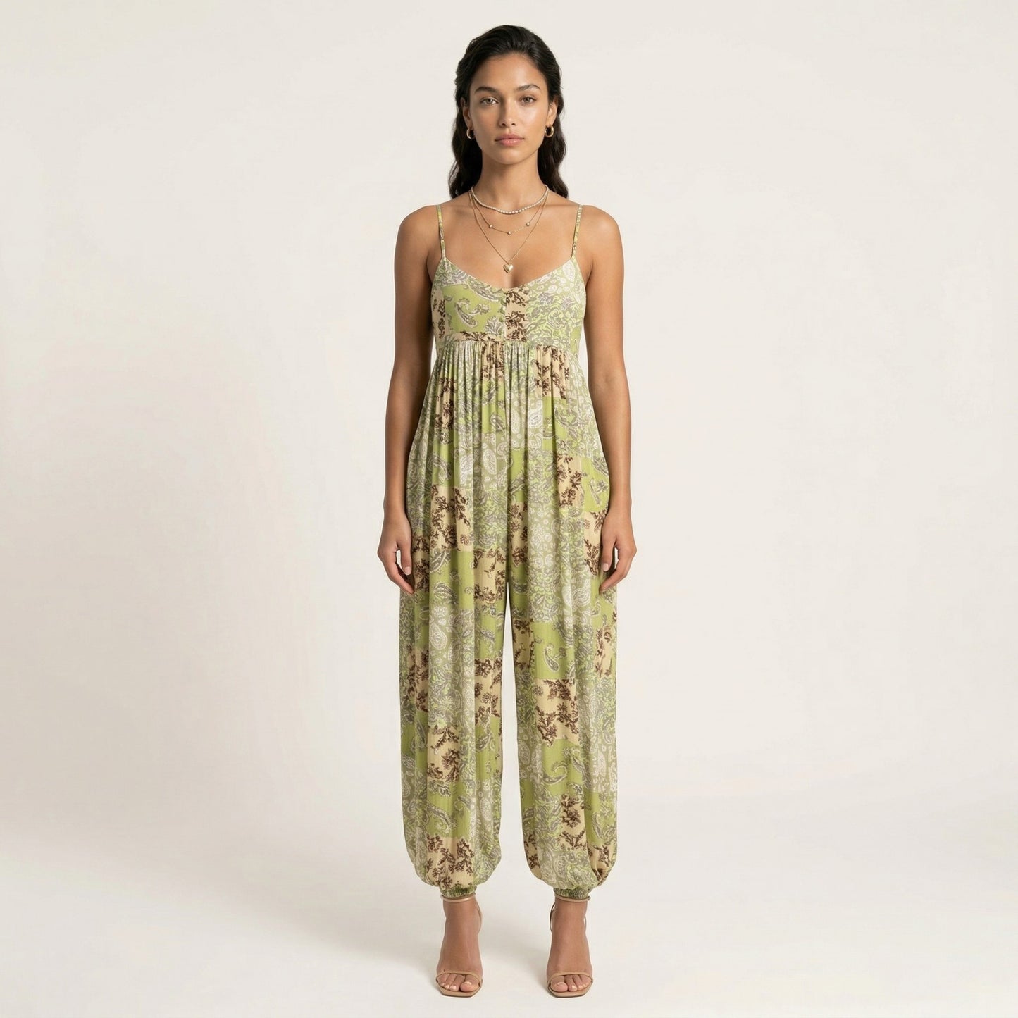 Sleeveless Printed Jumpsuit with Spaghetti Straps Smocked Bodice Elastic Ankle Relaxed Fit