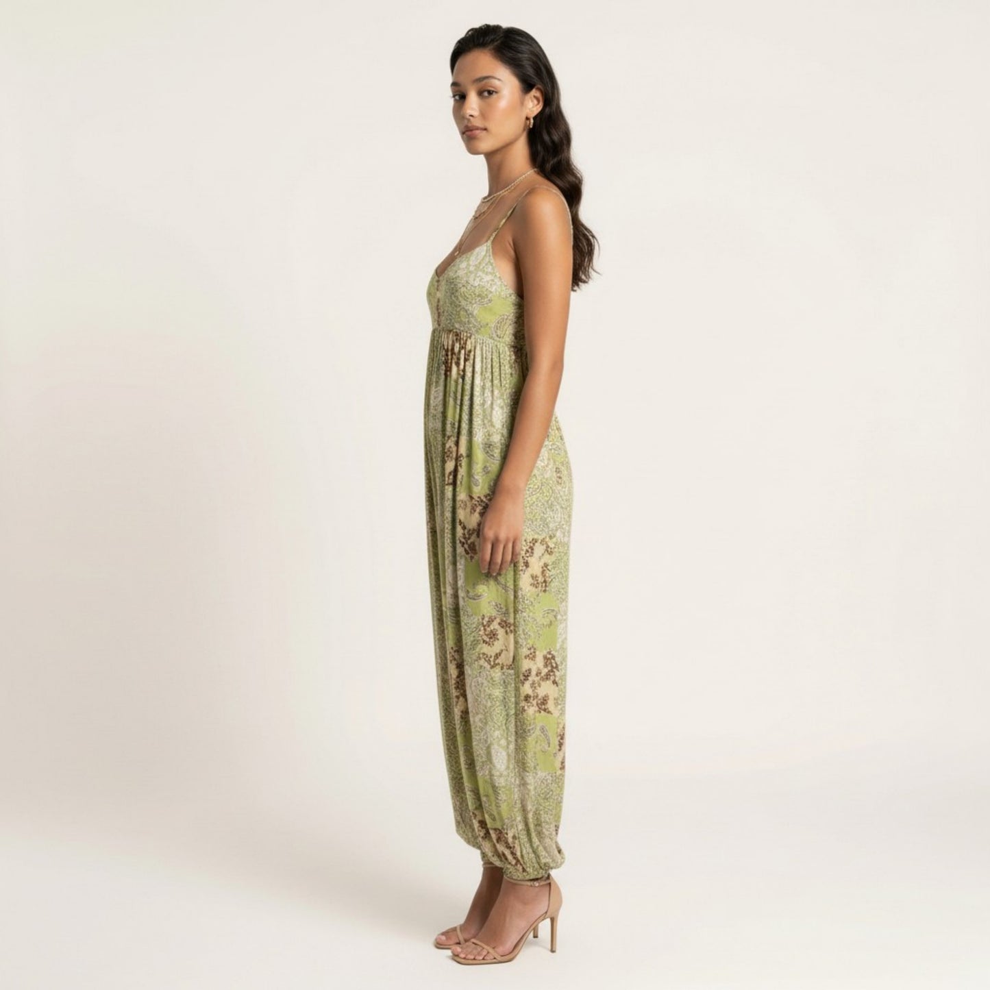 Sleeveless Printed Jumpsuit with Spaghetti Straps Smocked Bodice Elastic Ankle Relaxed Fit