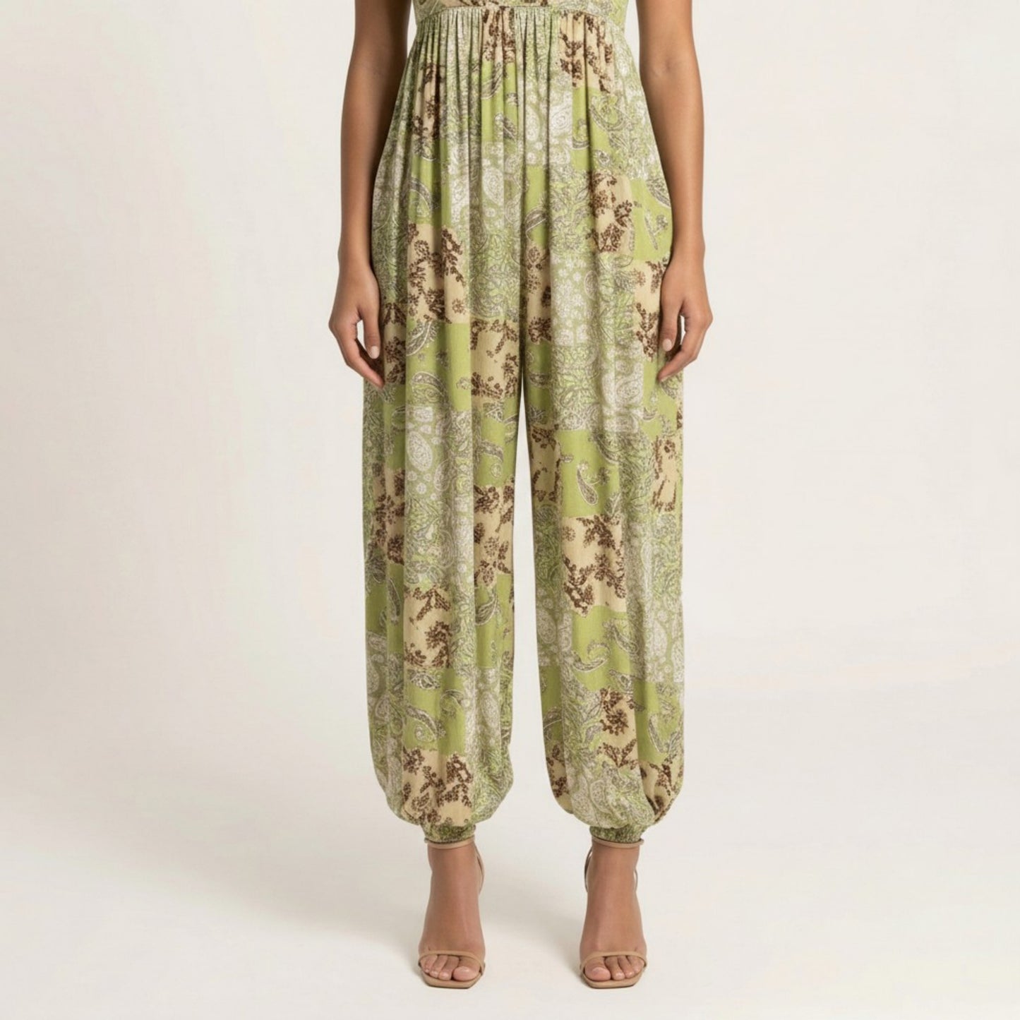 Sleeveless Printed Jumpsuit with Spaghetti Straps Smocked Bodice Elastic Ankle Relaxed Fit