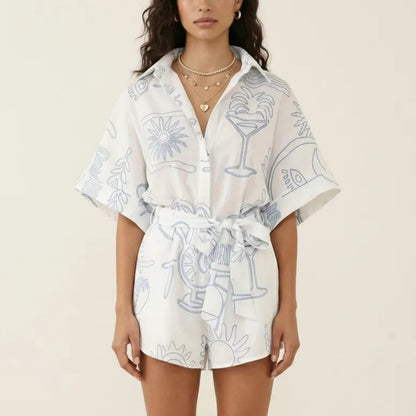 Short Sleeve Printed Romper with Collared Neckline Button Front Closure Waist Tie Relaxed Fit