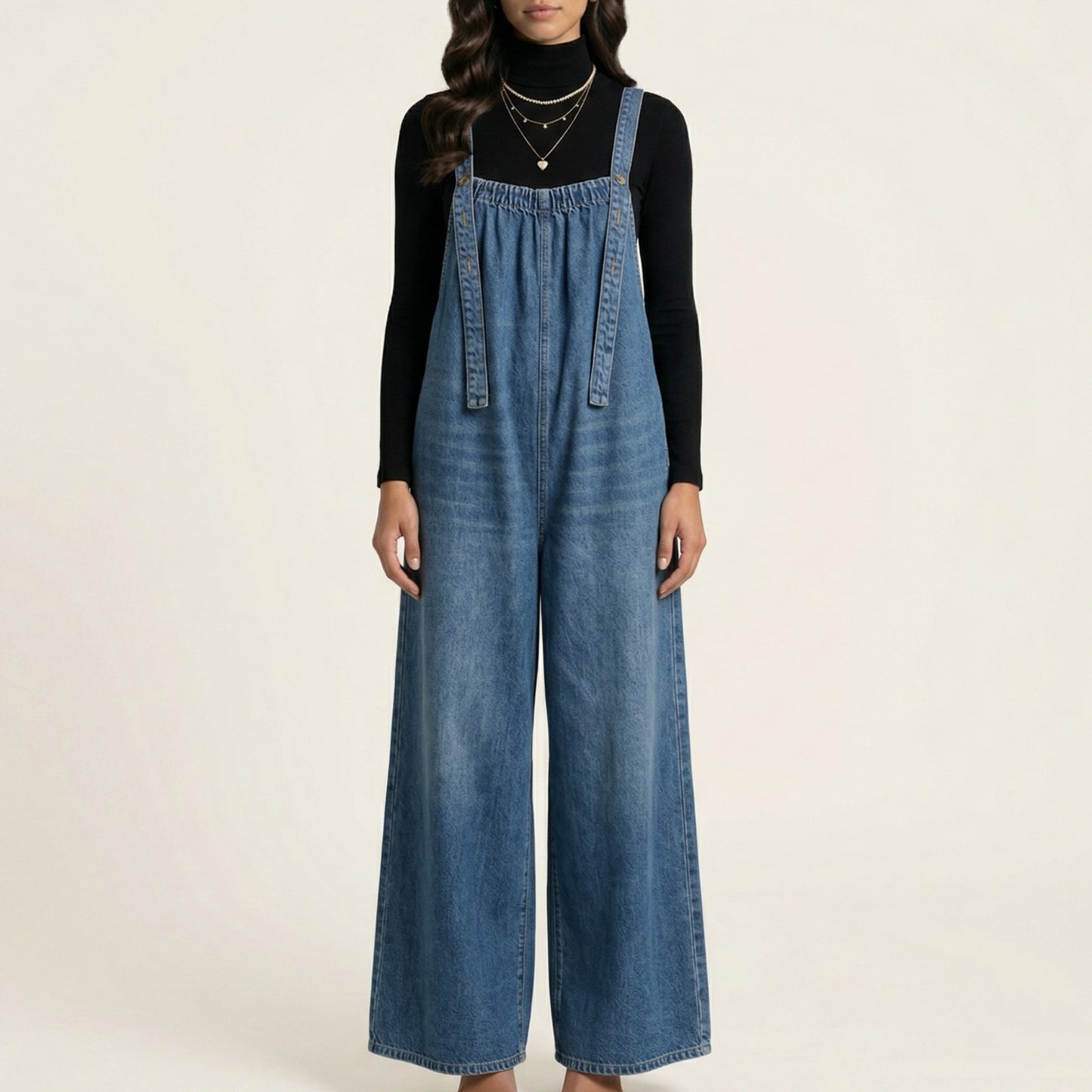 Sleeveless Wide Leg Denim Jumpsuit with Gathered Neckline Adjustable Shoulder Straps Loose Fit