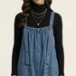 Sleeveless Wide Leg Denim Jumpsuit with Gathered Neckline Adjustable Shoulder Straps Loose Fit