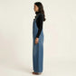 Sleeveless Wide Leg Denim Jumpsuit with Gathered Neckline Adjustable Shoulder Straps Loose Fit