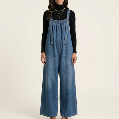 Sleeveless Wide Leg Denim Jumpsuit with Gathered Neckline Adjustable Shoulder Straps Loose Fit