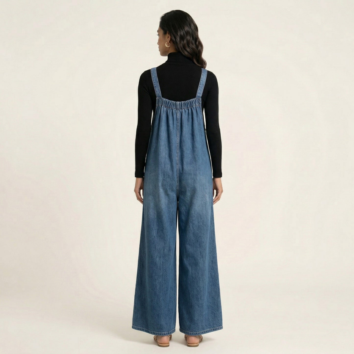 Sleeveless Wide Leg Denim Jumpsuit with Gathered Neckline Adjustable Shoulder Straps Loose Fit