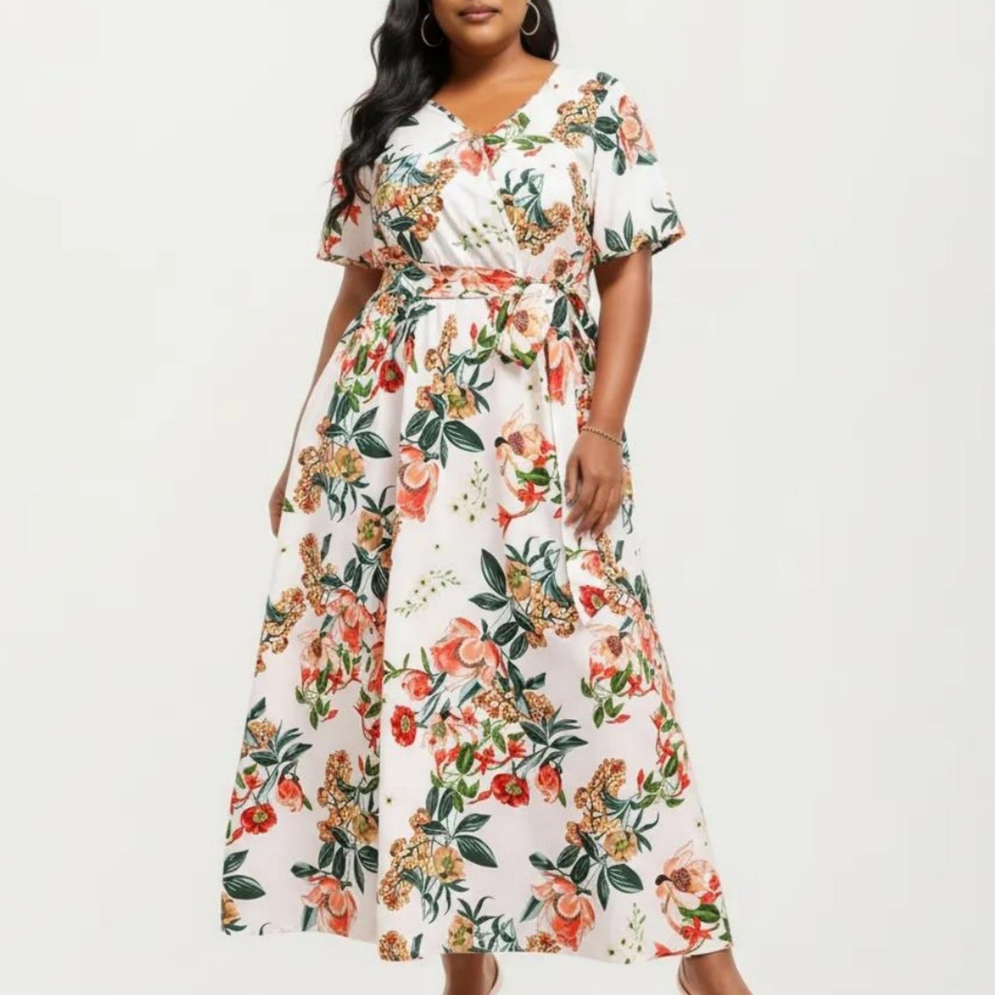 Short Sleeve V Neck Maxi Dress with Floral Print Waist Tie Flowy A Line Long Dress