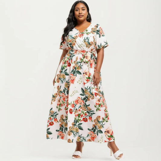 Short Sleeve V Neck Maxi Dress with Floral Print Waist Tie Flowy A Line Long Dress