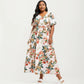 Short Sleeve V Neck Maxi Dress with Floral Print Waist Tie Flowy A Line Long Dress