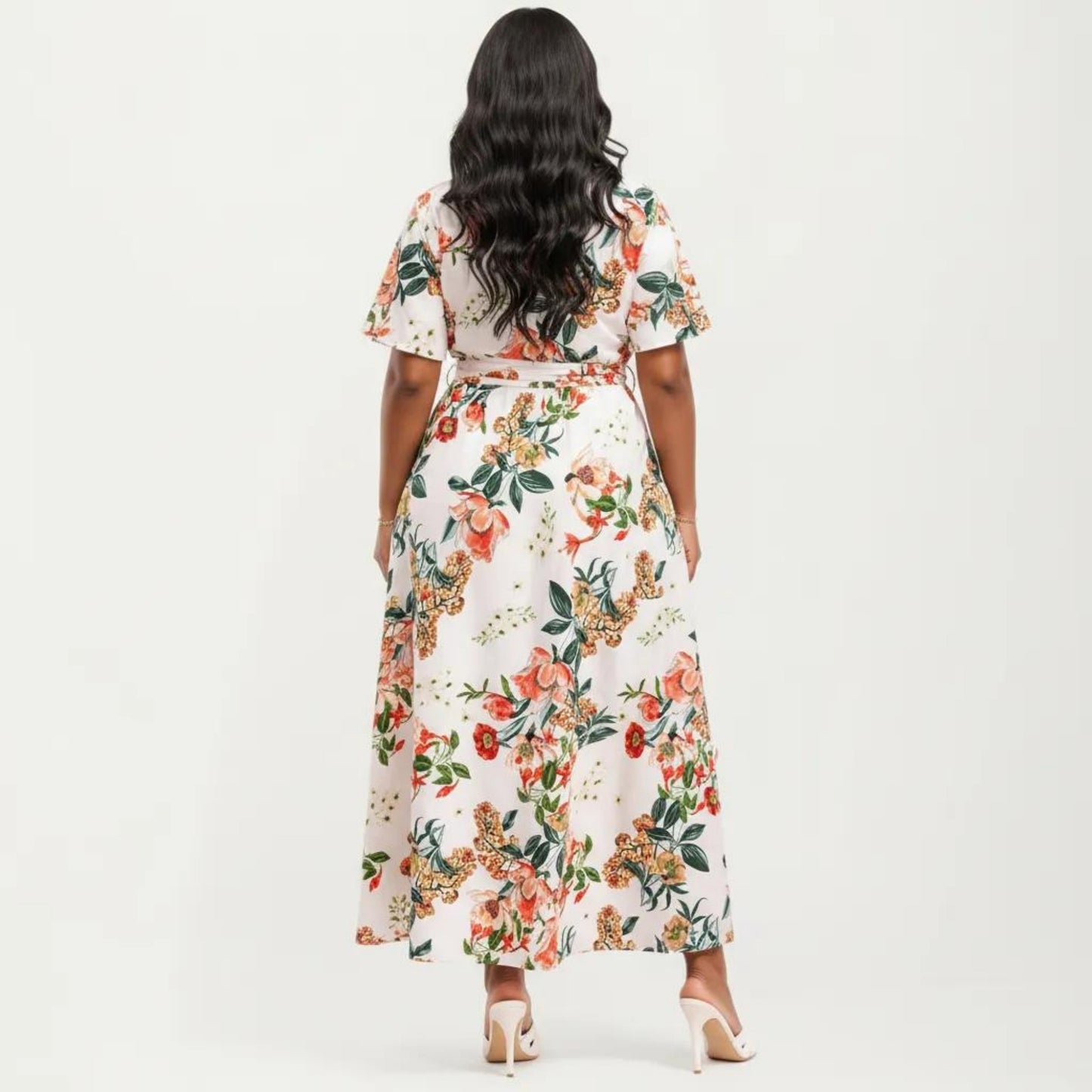 Short Sleeve V Neck Maxi Dress with Floral Print Waist Tie Flowy A Line Long Dress