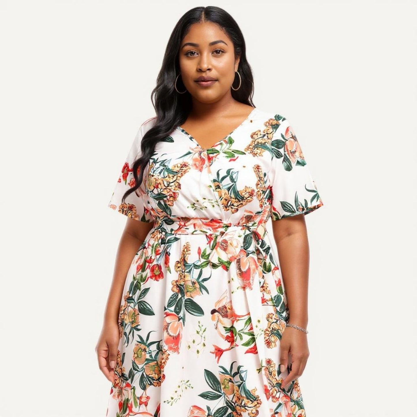 Short Sleeve V Neck Maxi Dress with Floral Print Waist Tie Flowy A Line Long Dress