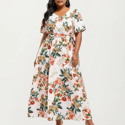 Short Sleeve V Neck Maxi Dress with Floral Print Waist Tie Flowy A Line Long Dress