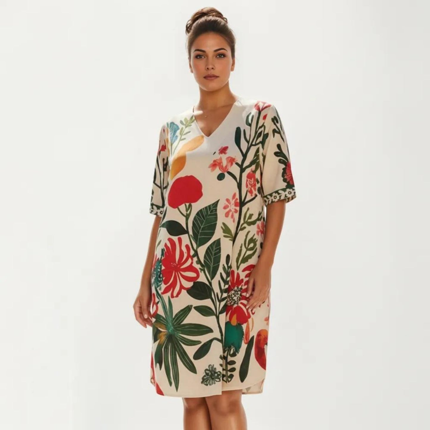 Short Sleeve V Neck Shift Dress with Floral Print Relaxed Fit Knee Length Casual Dress