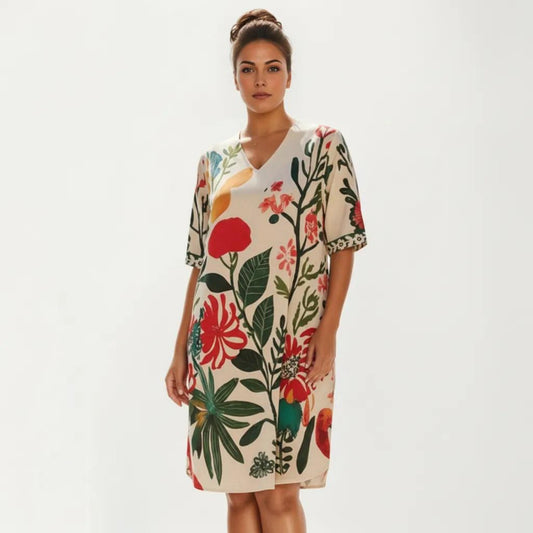 Short Sleeve V Neck Shift Dress with Floral Print Relaxed Fit Knee Length Casual Dress