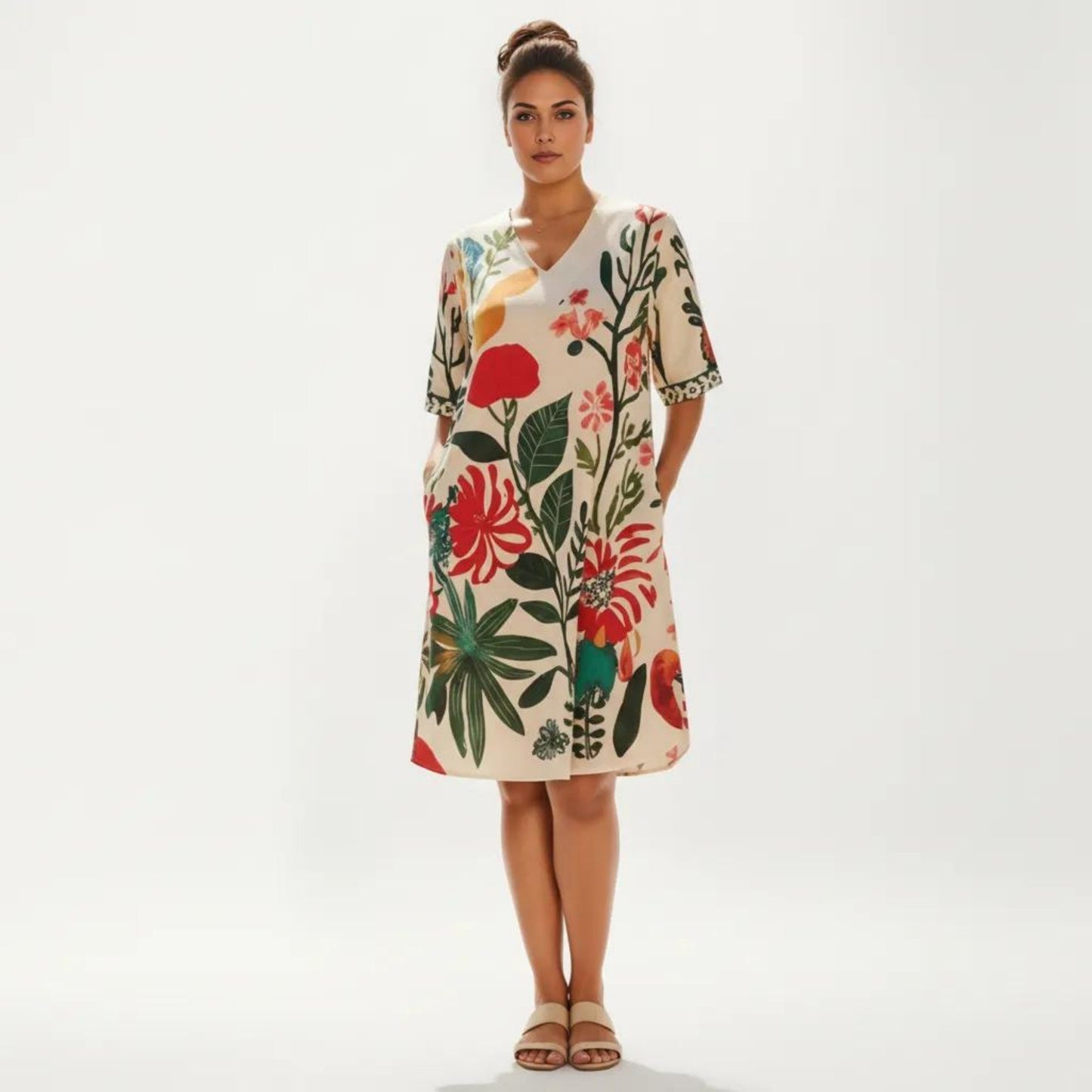 Short Sleeve V Neck Shift Dress with Floral Print Relaxed Fit Knee Length Casual Dress