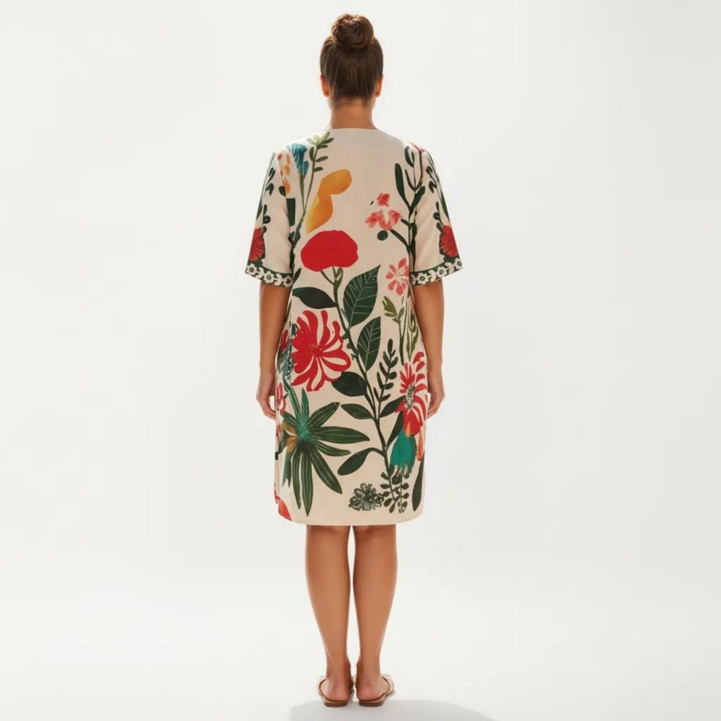 Short Sleeve V Neck Shift Dress with Floral Print Relaxed Fit Knee Length Casual Dress