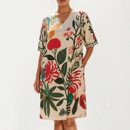 Short Sleeve V Neck Shift Dress with Floral Print Relaxed Fit Knee Length Casual Dress