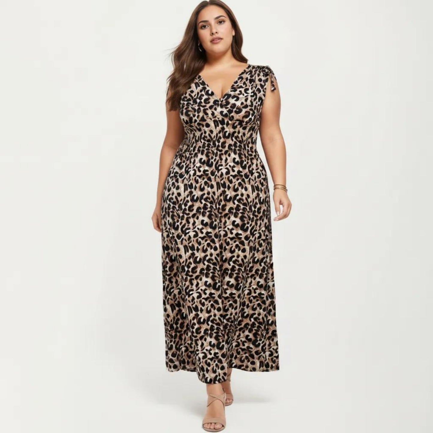 Sleeveless V Neck Maxi Dress with Leopard Print Elastic Waist Flowy A Line Long Dress