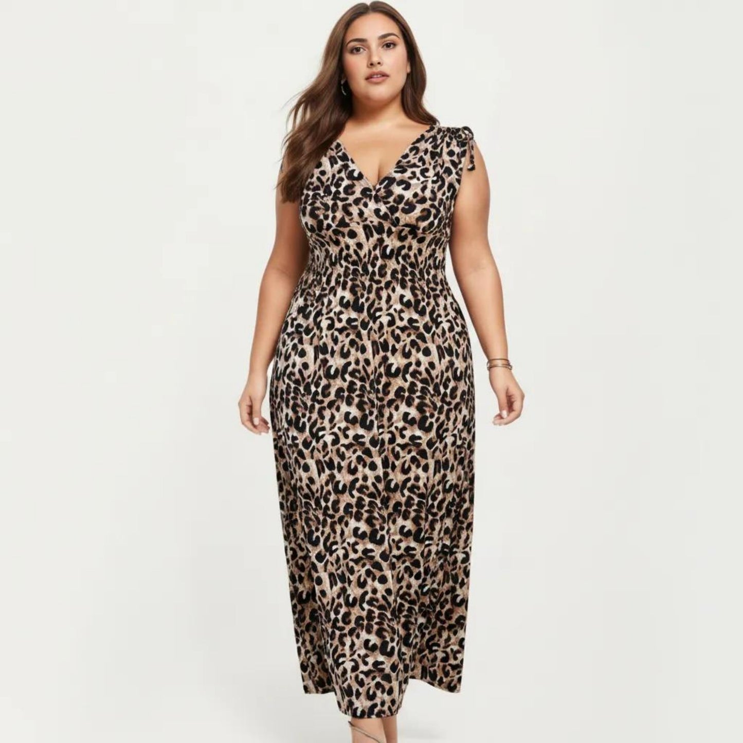Sleeveless V Neck Maxi Dress with Leopard Print Elastic Waist Flowy A Line Long Dress