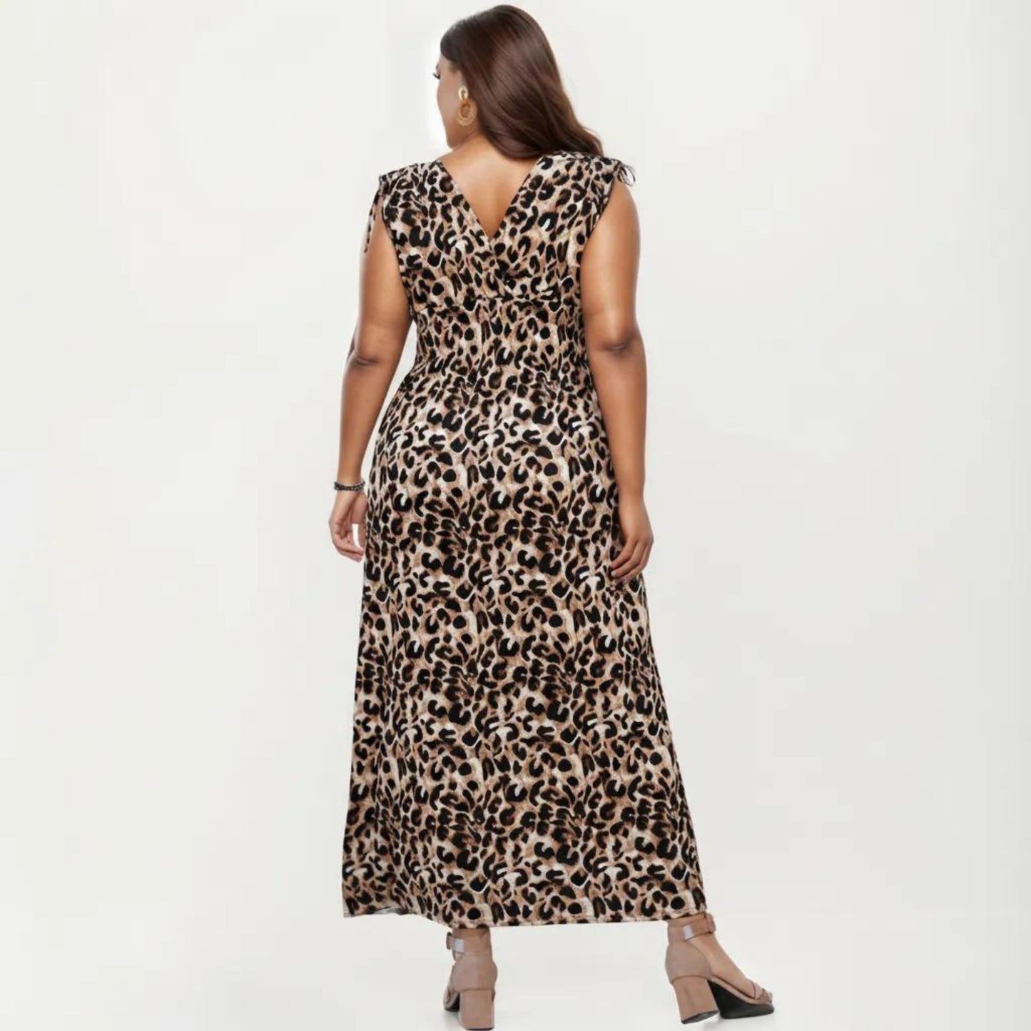 Sleeveless V Neck Maxi Dress with Leopard Print Elastic Waist Flowy A Line Long Dress