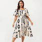 Short Sleeve V Neck Midi Dress with Elastic Waist Geometric Print Tiered Hem Flowy A Line Dress