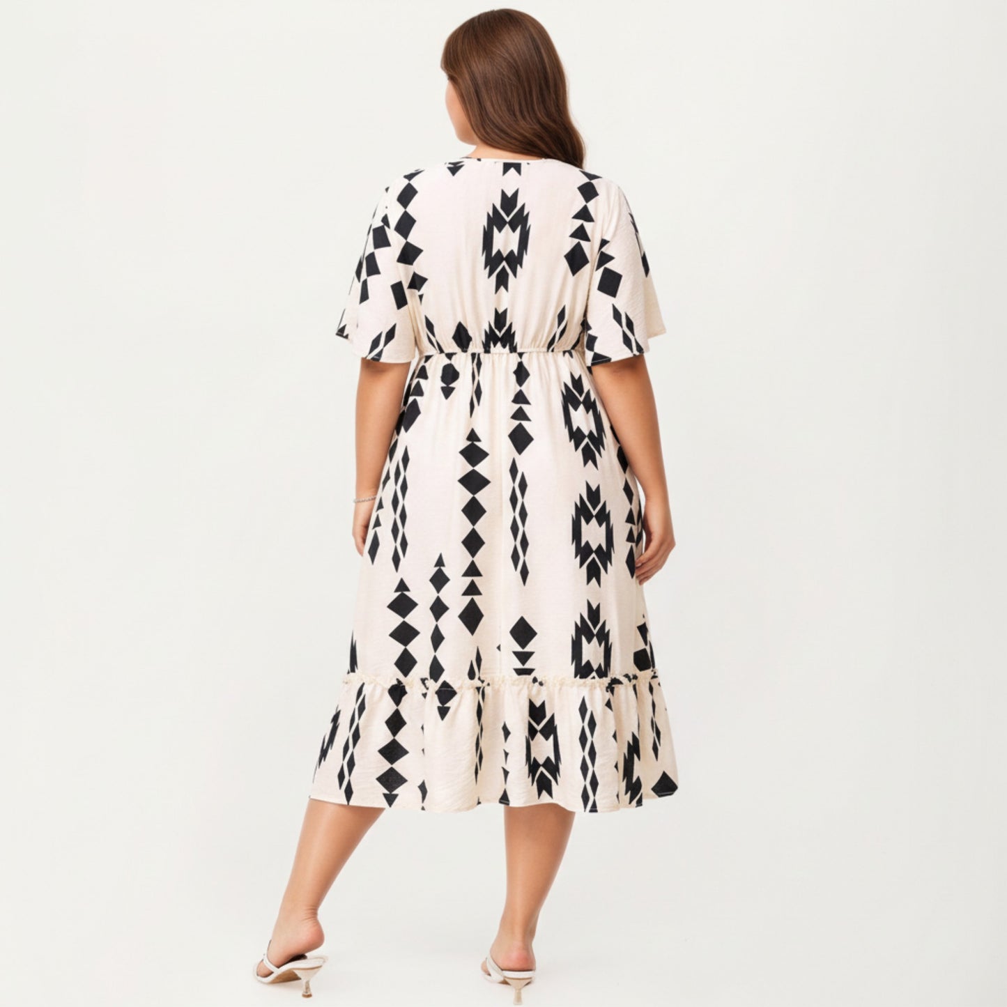 Short Sleeve V Neck Midi Dress with Elastic Waist Geometric Print Tiered Hem Flowy A Line Dress