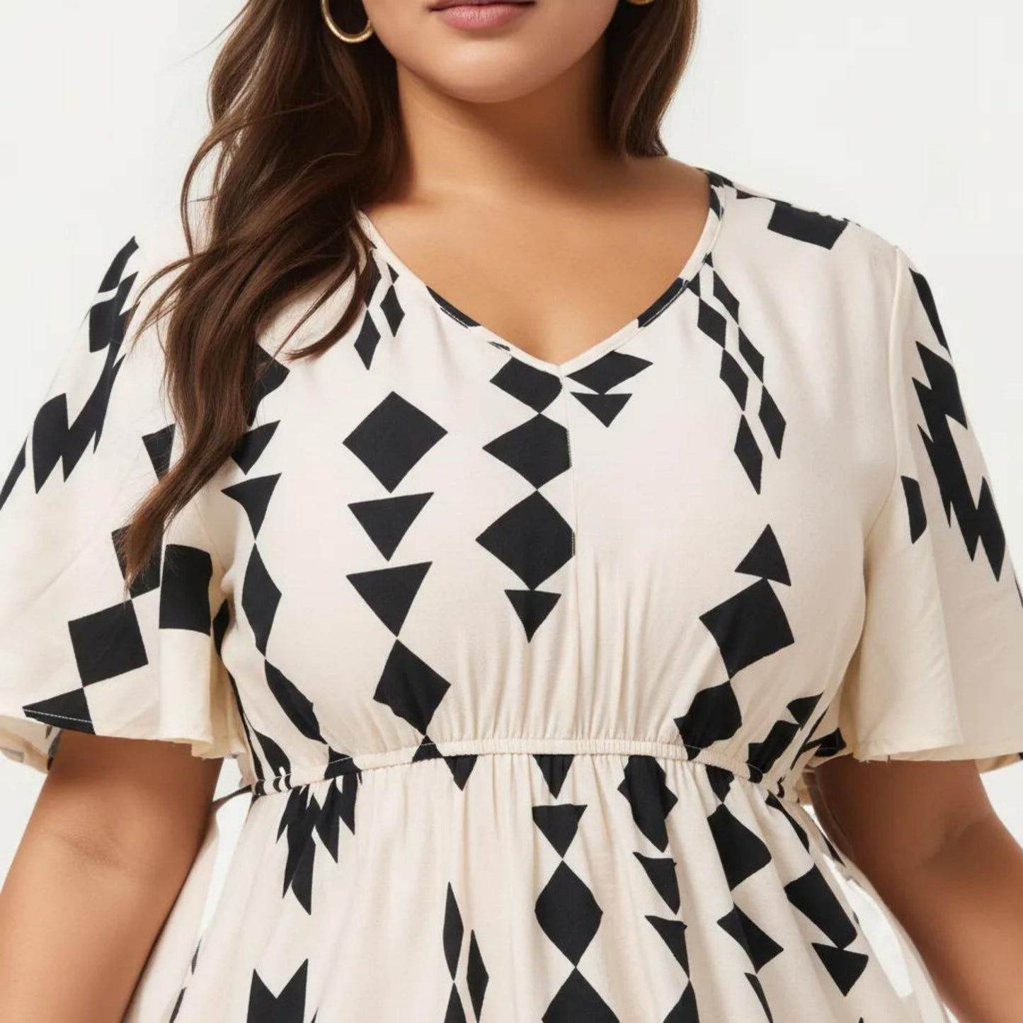 Short Sleeve V Neck Midi Dress with Elastic Waist Geometric Print Tiered Hem Flowy A Line Dress