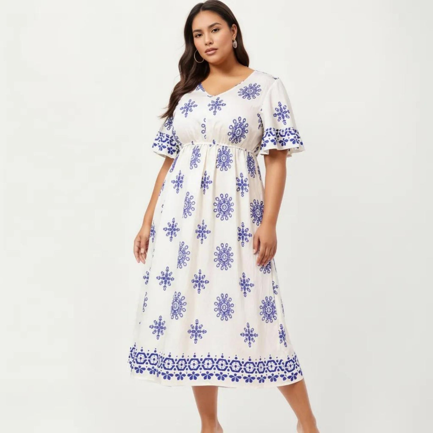 V Neck Midi Dress with Elastic Waist All Over Print Border Detail Flowy Fit Casual Dress