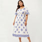 V Neck Midi Dress with Elastic Waist All Over Print Border Detail Flowy Fit Casual Dress