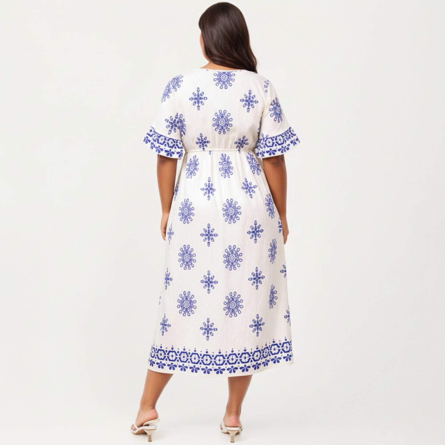 V Neck Midi Dress with Elastic Waist All Over Print Border Detail Flowy Fit Casual Dress