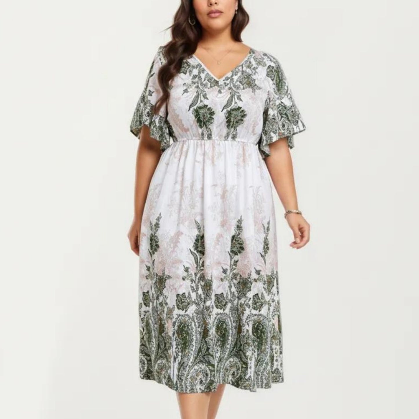 Short Sleeve V Neck Midi Dress with Elastic Waist All Over Floral Print Flowy Fit Casual Dress
