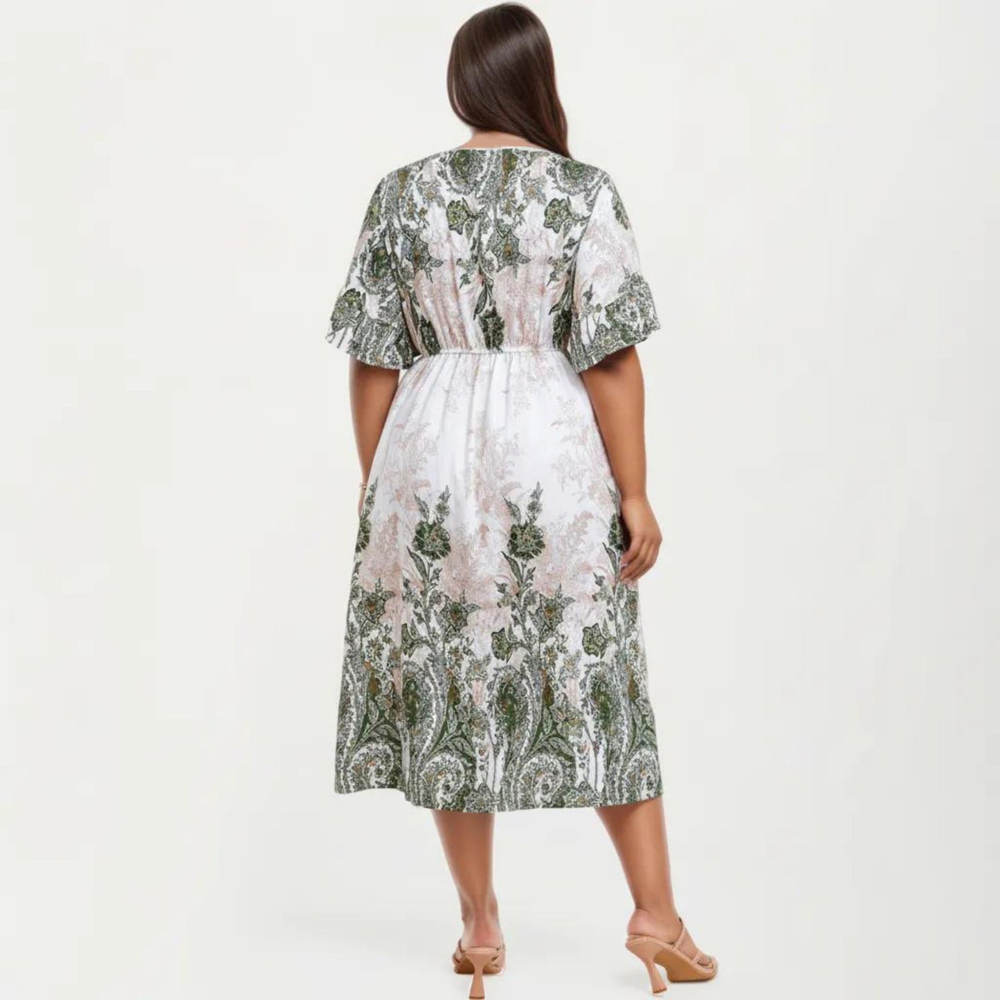 Short Sleeve V Neck Midi Dress with Elastic Waist All Over Floral Print Flowy Fit Casual Dress