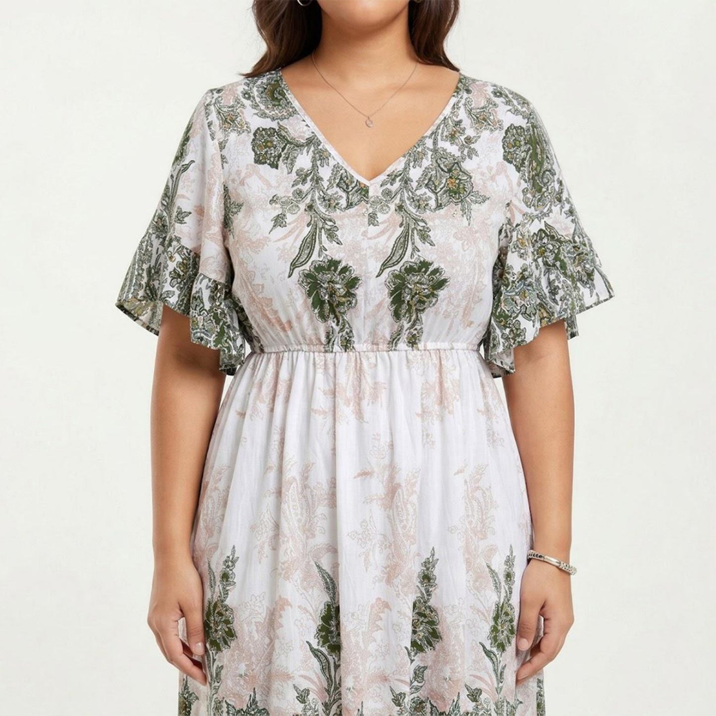 Short Sleeve V Neck Midi Dress with Elastic Waist All Over Floral Print Flowy Fit Casual Dress