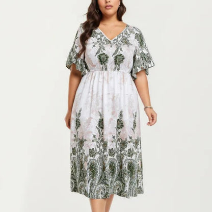 Short Sleeve V Neck Midi Dress with Elastic Waist All Over Floral Print Flowy Fit Casual Dress