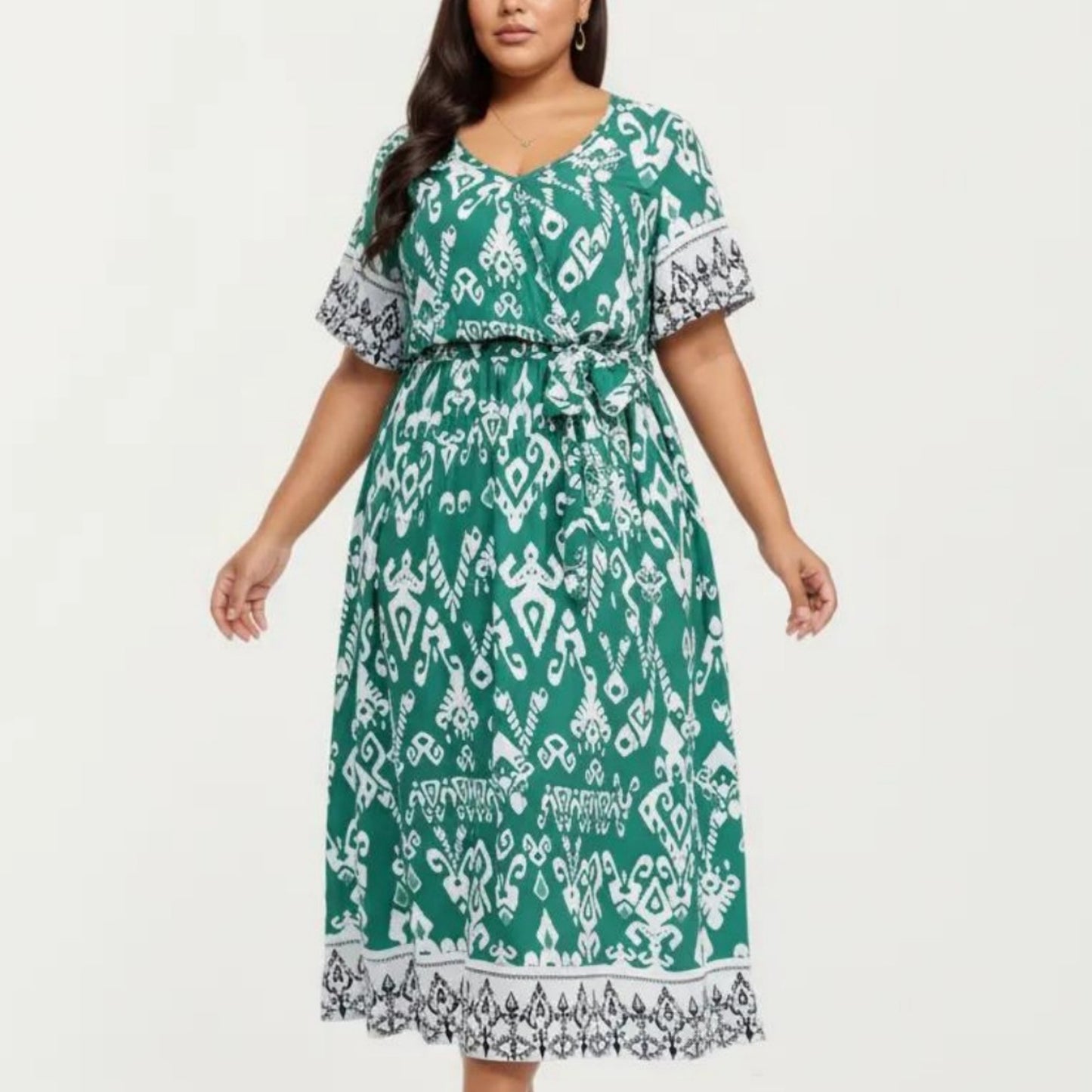 Short Sleeve V Neck Midi Dress with Waist Tie Belt All Over Print Border Detail Flowy Fit Dress