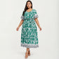 Short Sleeve V Neck Midi Dress with Waist Tie Belt All Over Print Border Detail Flowy Fit Dress