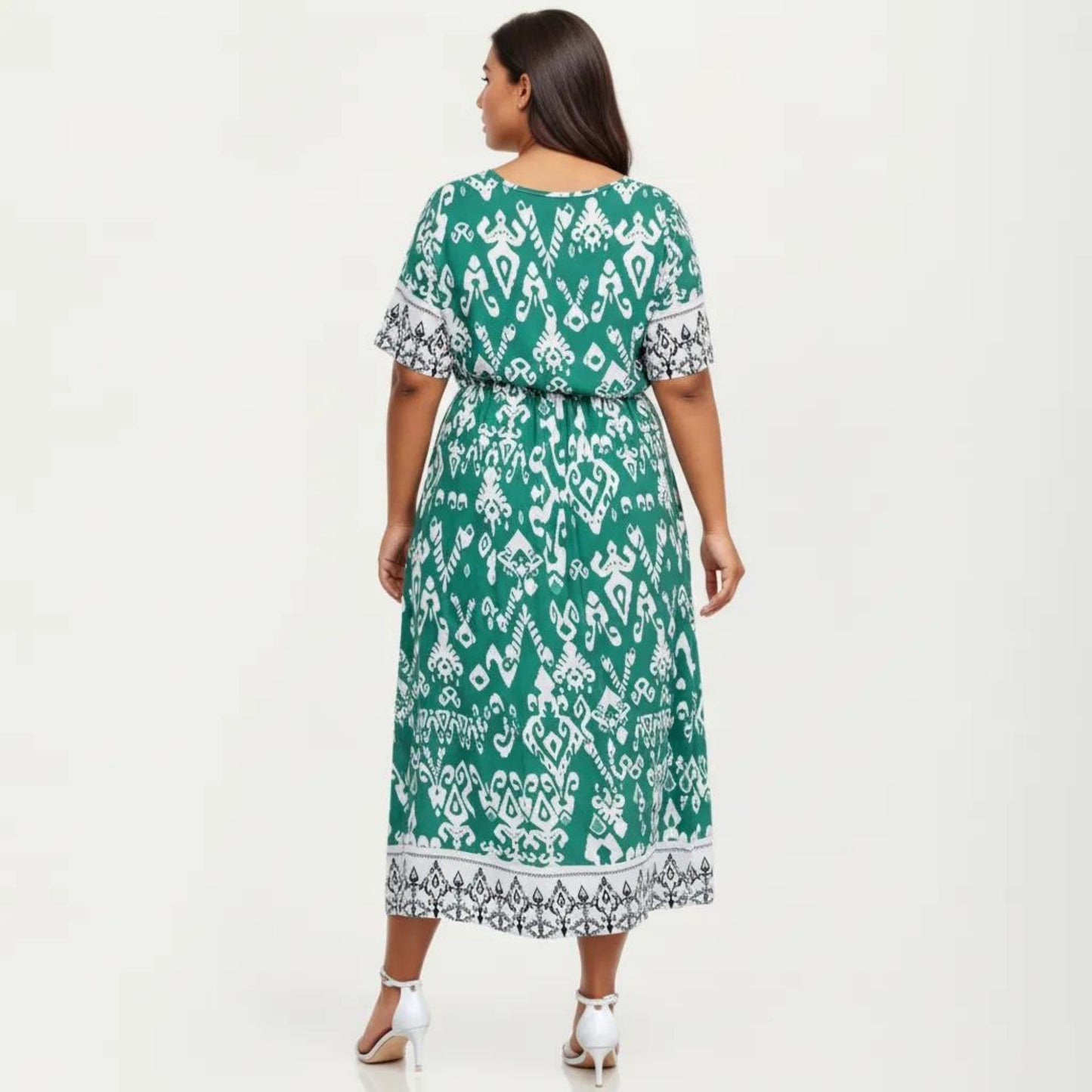 Short Sleeve V Neck Midi Dress with Waist Tie Belt All Over Print Border Detail Flowy Fit Dress