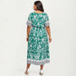 Short Sleeve V Neck Midi Dress with Waist Tie Belt All Over Print Border Detail Flowy Fit Dress