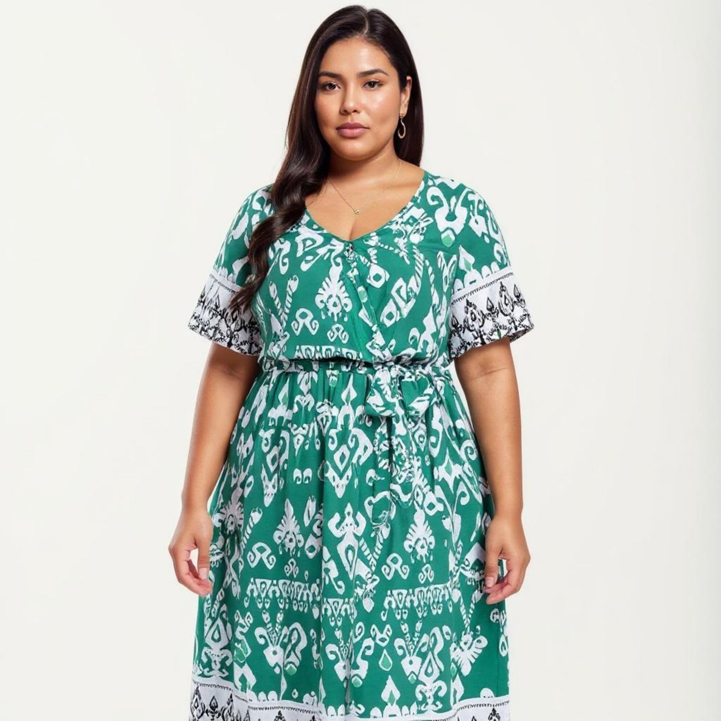 Short Sleeve V Neck Midi Dress with Waist Tie Belt All Over Print Border Detail Flowy Fit Dress