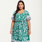 Short Sleeve V Neck Midi Dress with Waist Tie Belt All Over Print Border Detail Flowy Fit Dress
