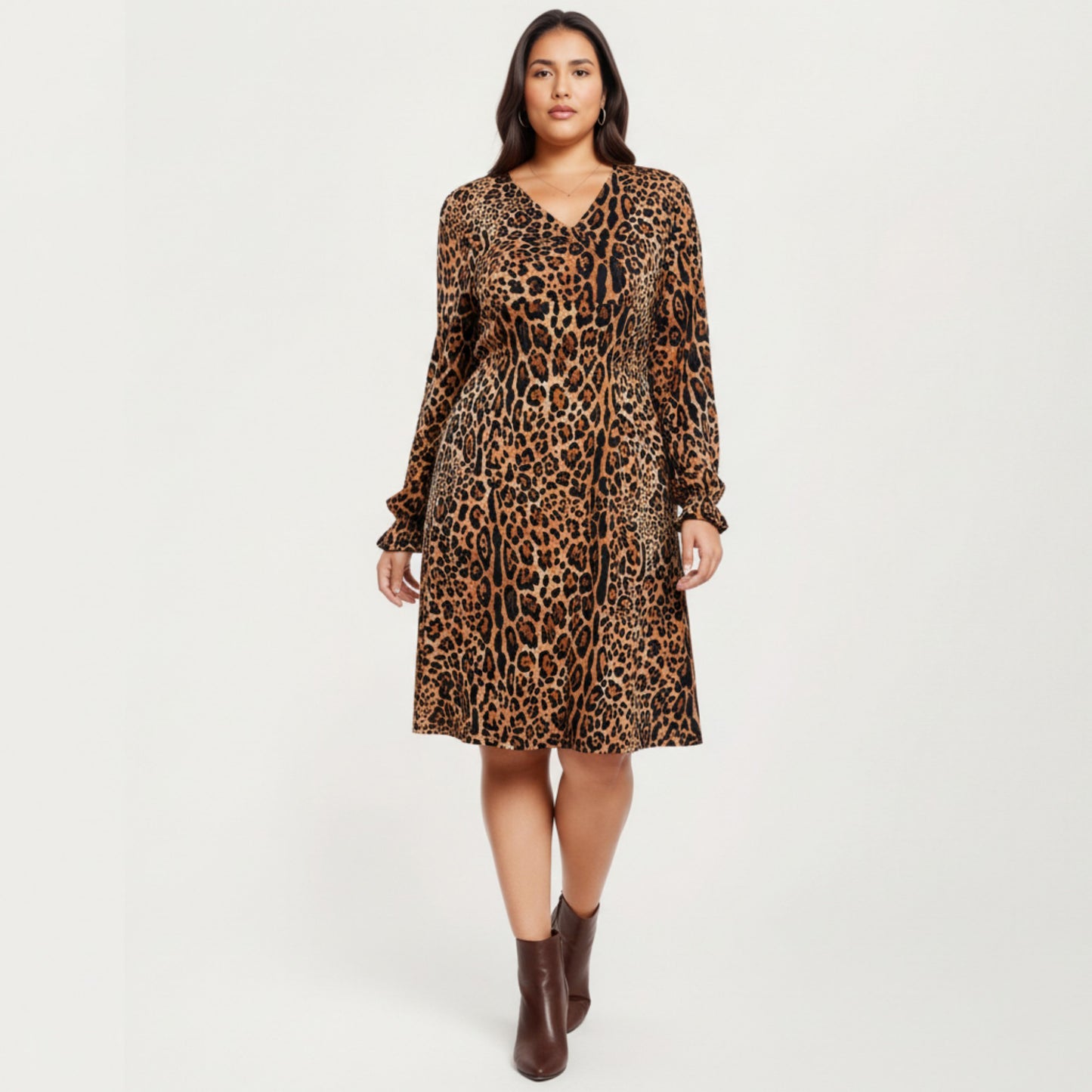Long Sleeve Leopard Print Midi Dress with V Neck Elastic Waist Flowy A Line Fit Casual Dress