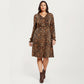 Long Sleeve Leopard Print Midi Dress with V Neck Elastic Waist Flowy A Line Fit Casual Dress