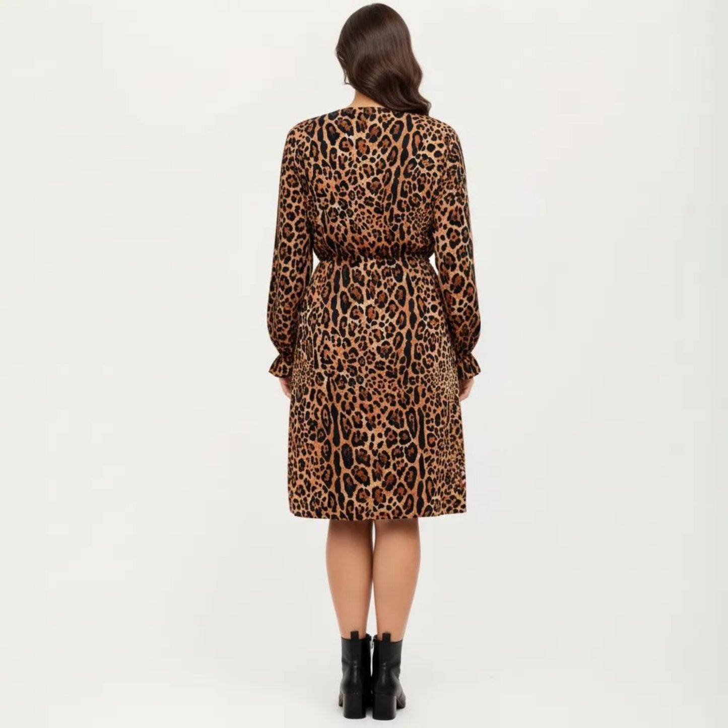 Long Sleeve Leopard Print Midi Dress with V Neck Elastic Waist Flowy A Line Fit Casual Dress